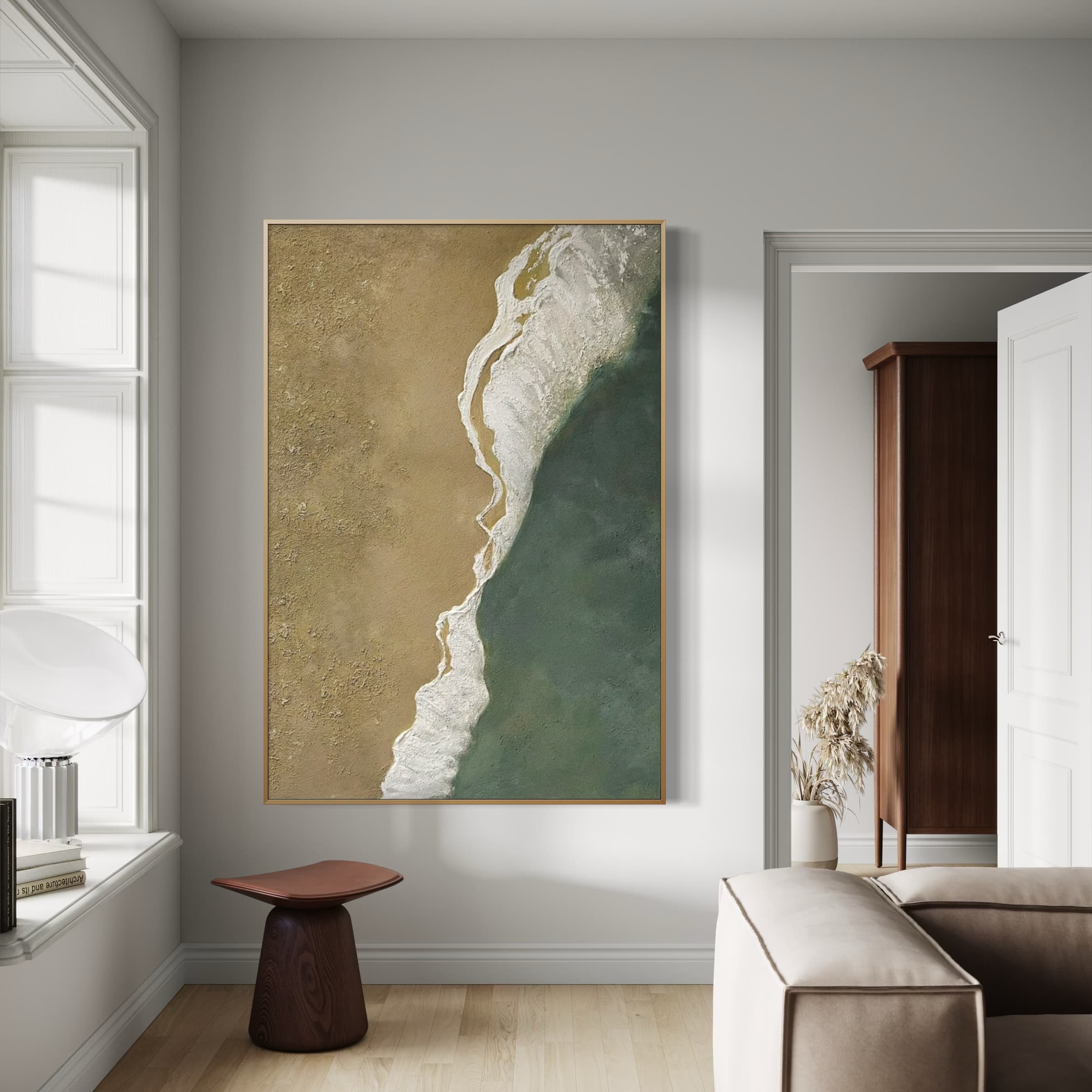 Vertical beach wall art with textured sand and hand-painted wave detail