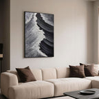 Modern abstract painting with textured ocean forms in black and white on eco-friendly oversized canvas, vertical layout