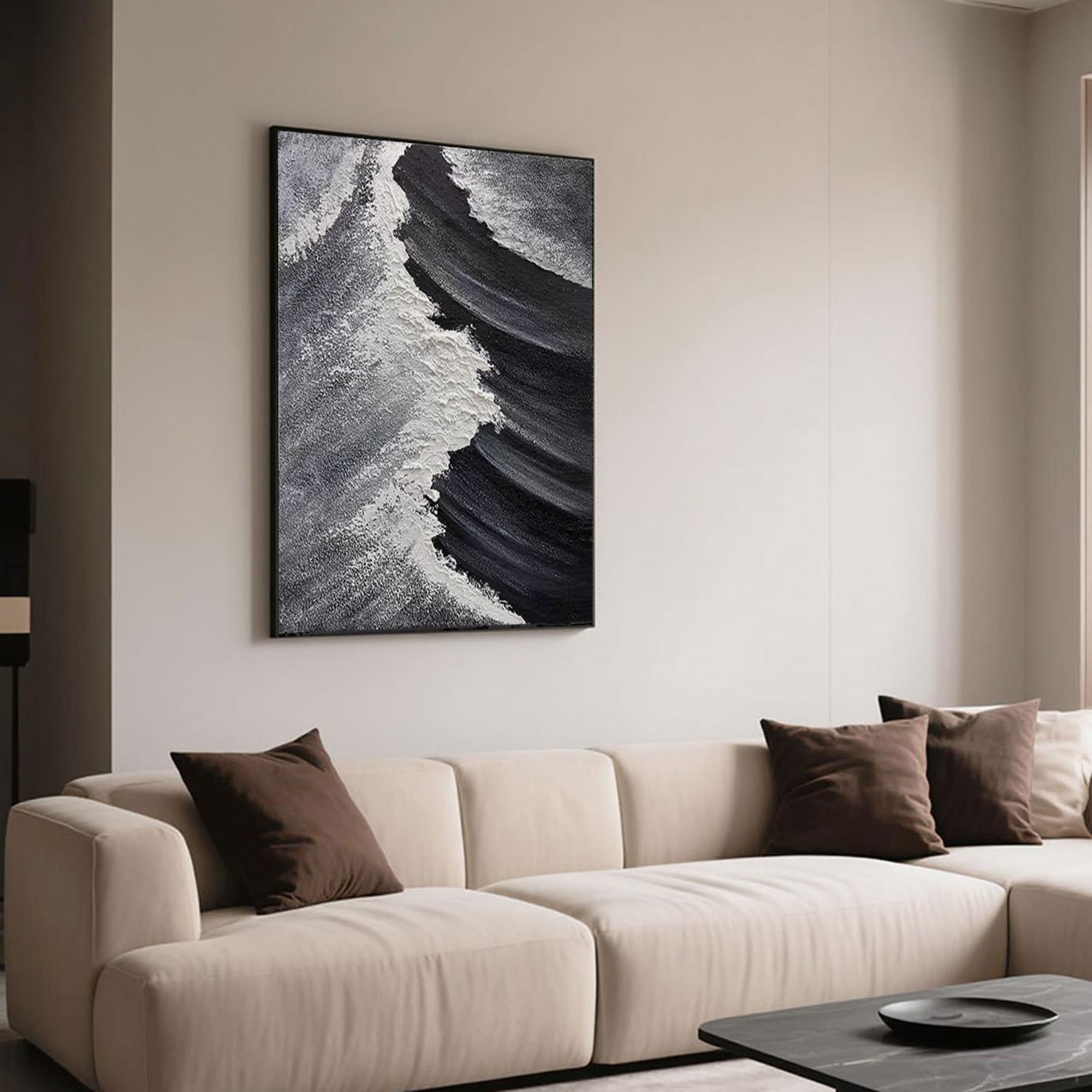Modern abstract painting with textured ocean forms in black and white on eco-friendly oversized canvas, vertical layout