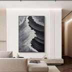 Oversized vertical abstract ocean canvas in black and white, hand-painted with acrylic textures in modern wall decor style