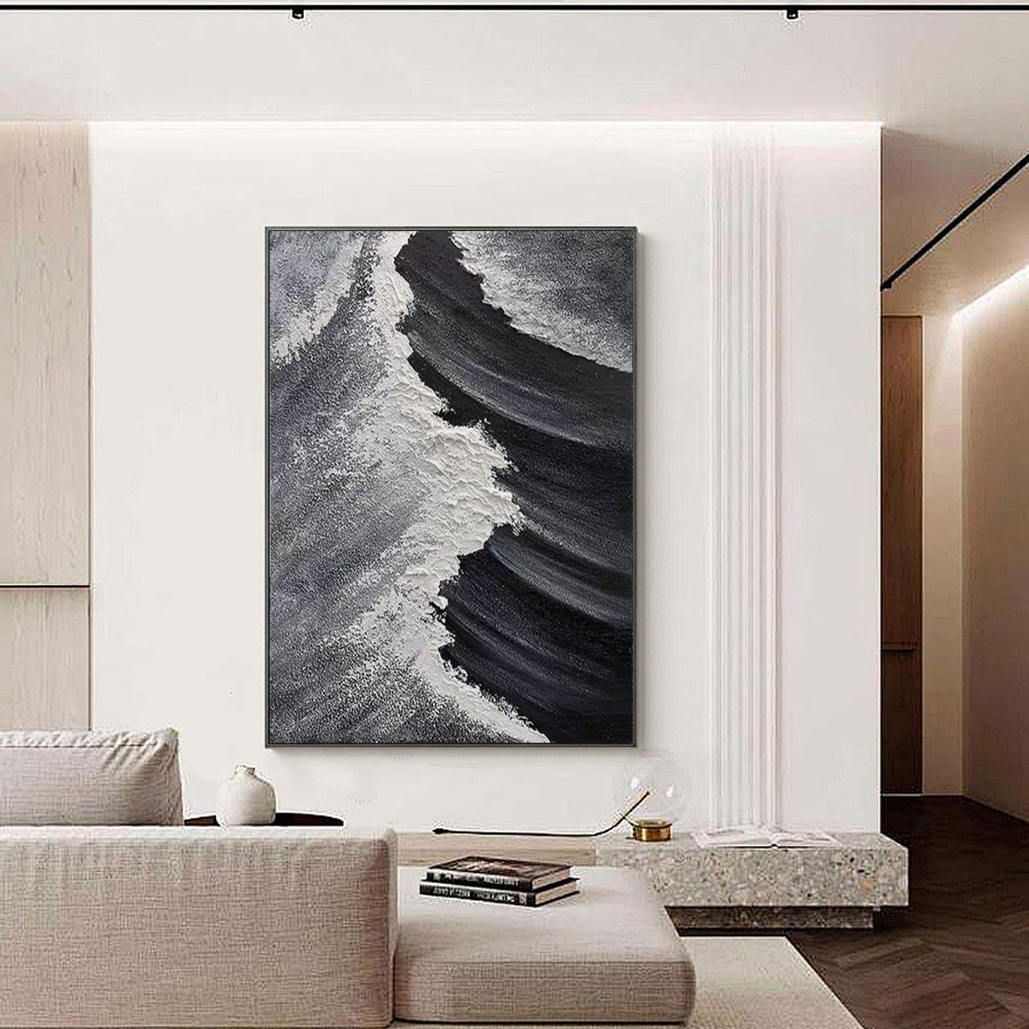 Oversized vertical abstract ocean canvas in black and white, hand-painted with acrylic textures in modern wall decor style