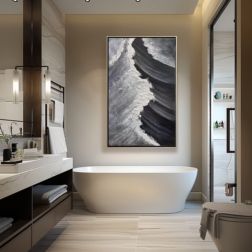 Textured abstract ocean wall decor in vertical format with hand-painted black and white waves on acrylic and canvas