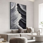 Modern textured canvas with hand-painted black and white ocean waves on vertical oversized format using acrylic on canvas