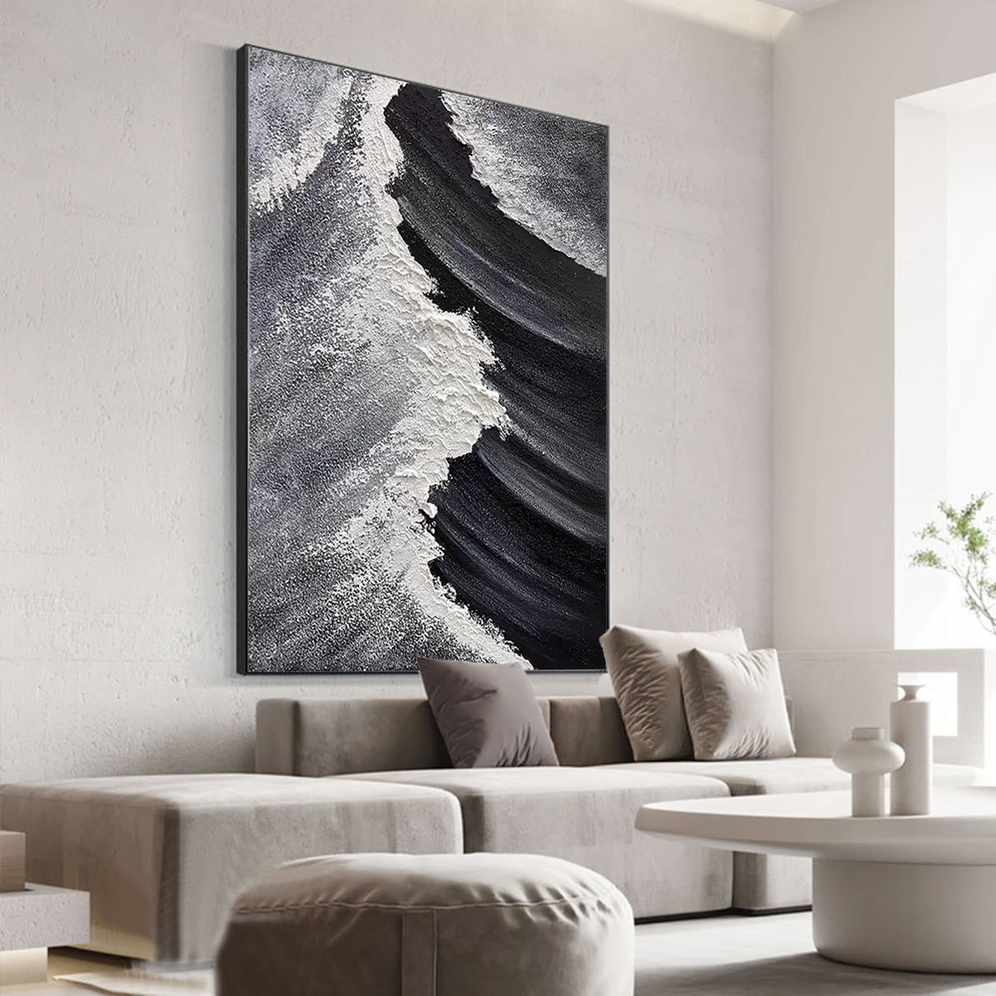 Modern textured canvas with hand-painted black and white ocean waves on vertical oversized format using acrylic on canvas
