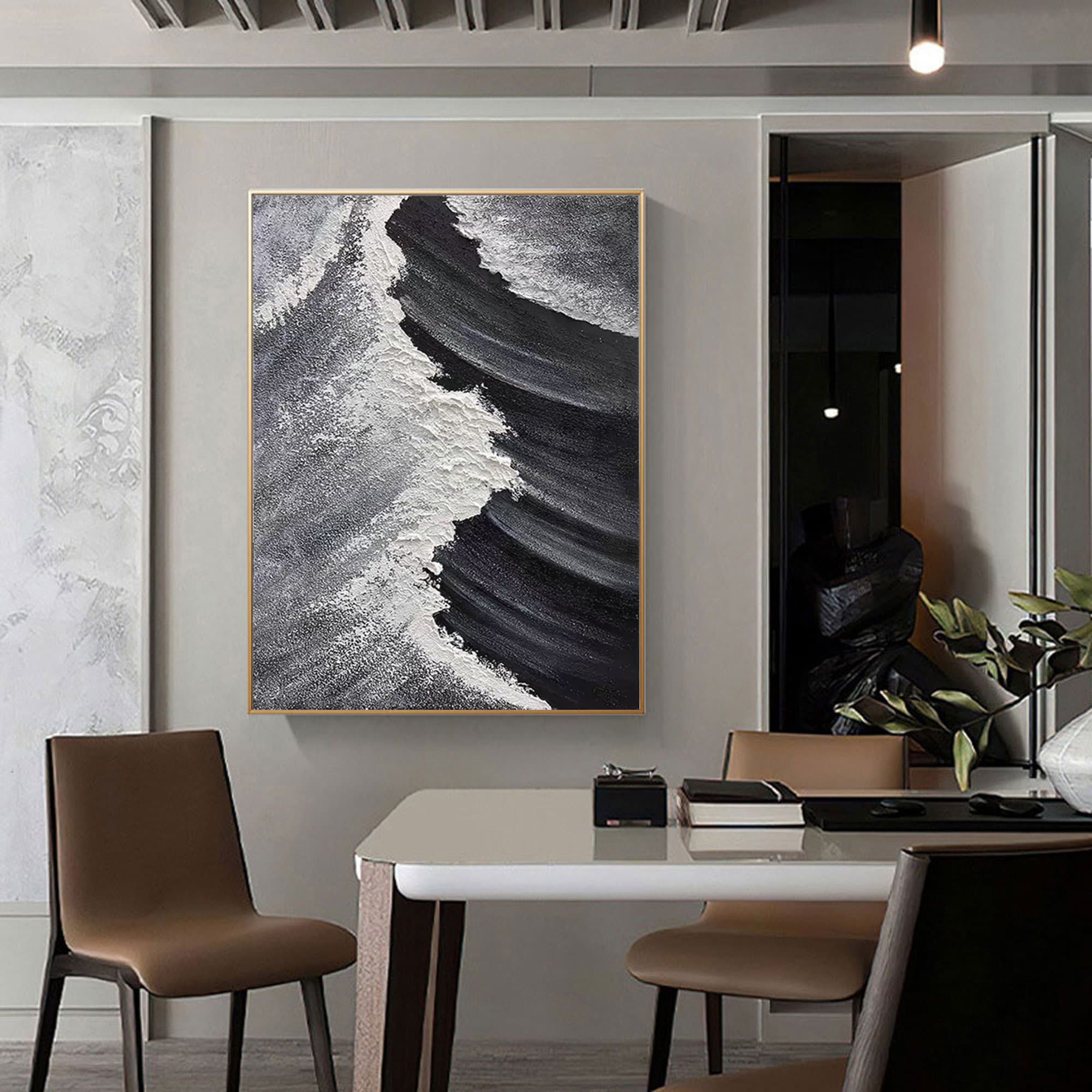Abstract ocean artwork with bold black and white brushstrokes, hand-painted on oversized eco-friendly canvas in vertical format