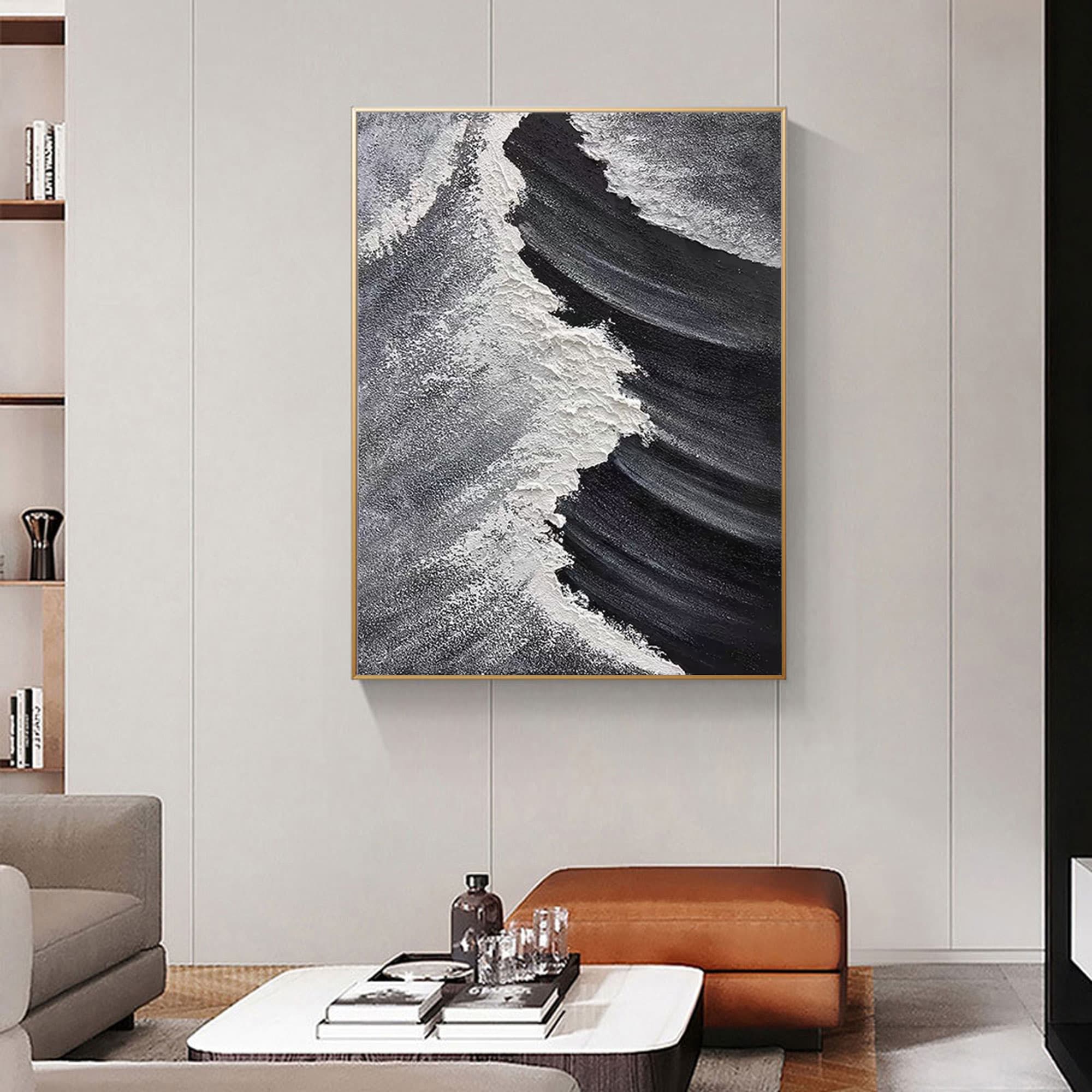 Vertical canvas with sculptural wave textures, hand-painted in abstract black and white modern style for large wall interiors