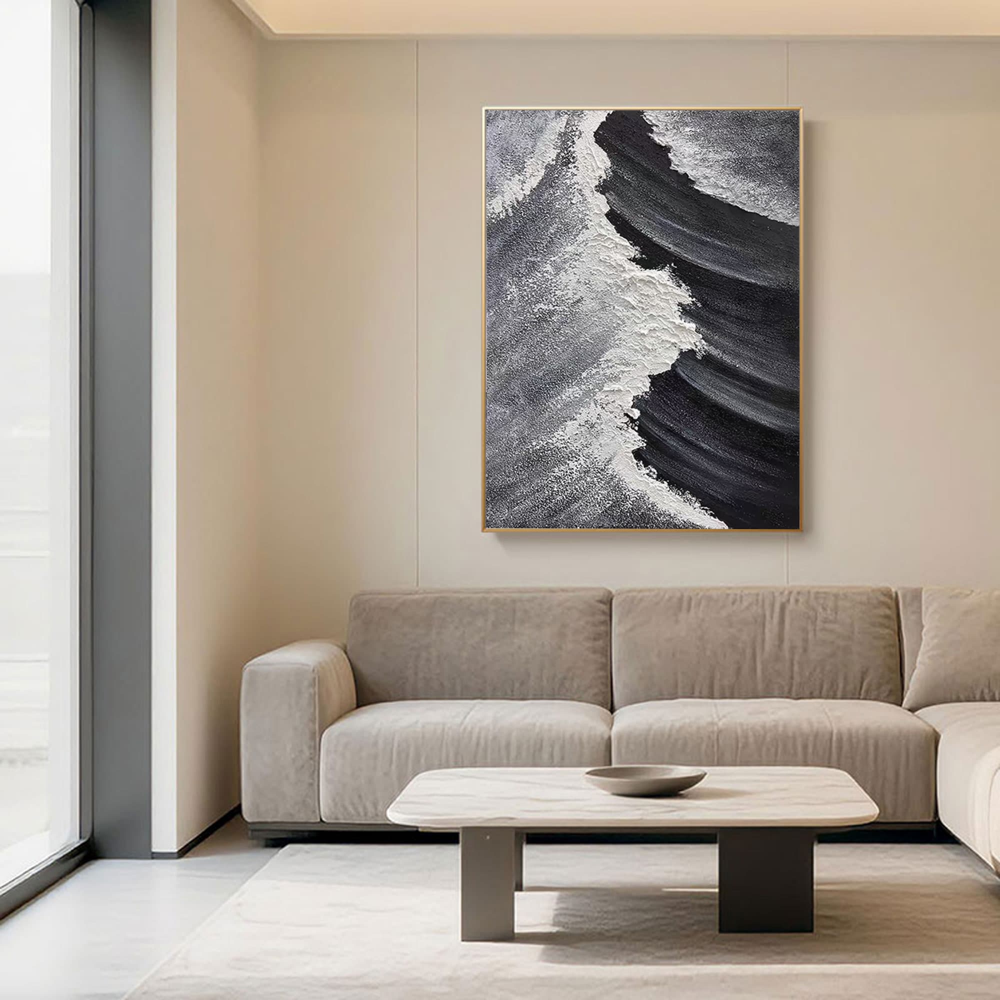 Hand-painted modern ocean wall art in textured black and white tones, on vertical canvas using eco-friendly materials