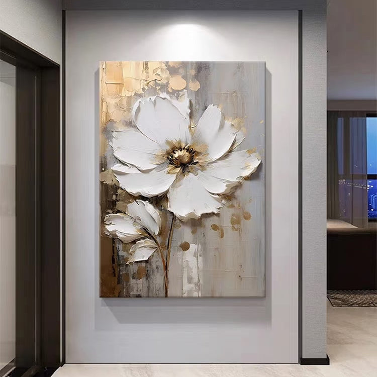 Modern 3D textured white flower canvas wall art by Lumi Gallery