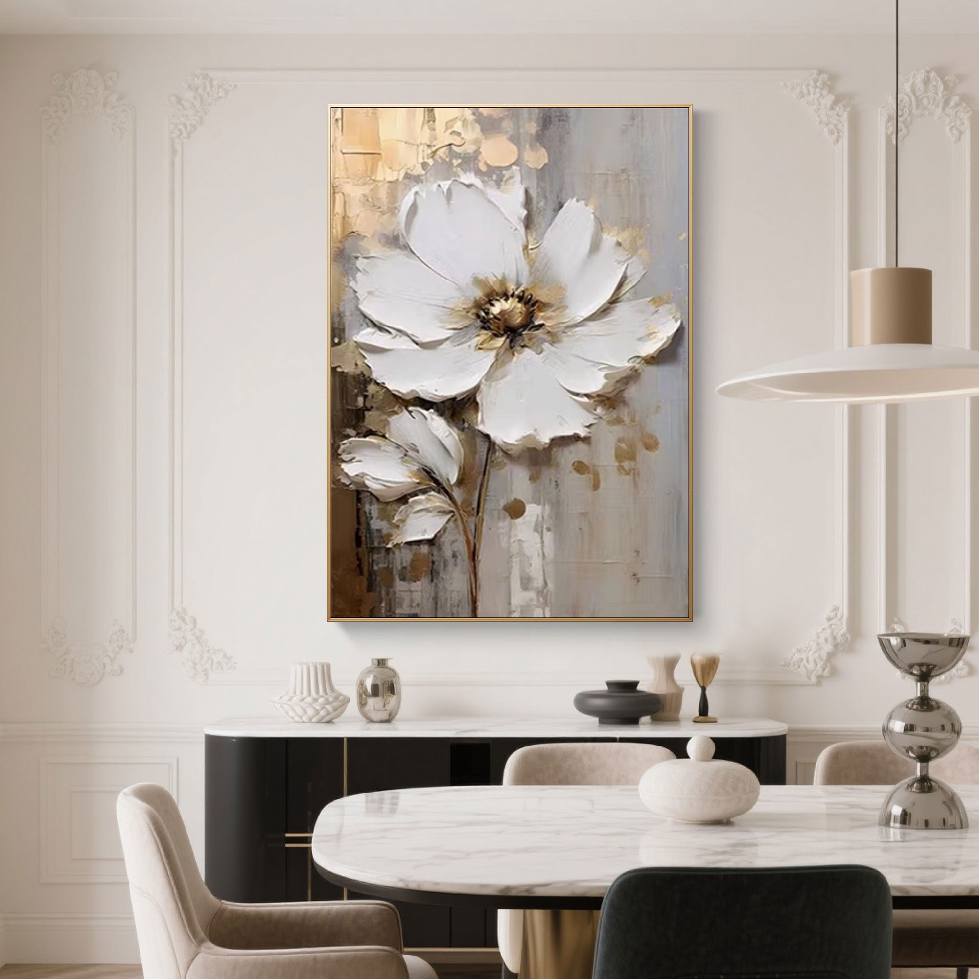 White and gold 3D flower art.