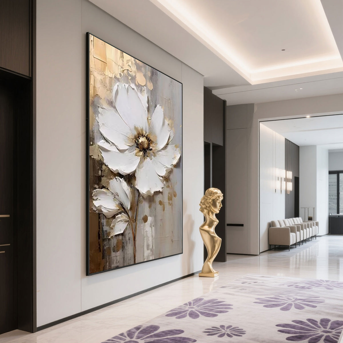 Modern 3D Textured Flower Wall Decor White Gold Vertical Canvas – Lumi ...