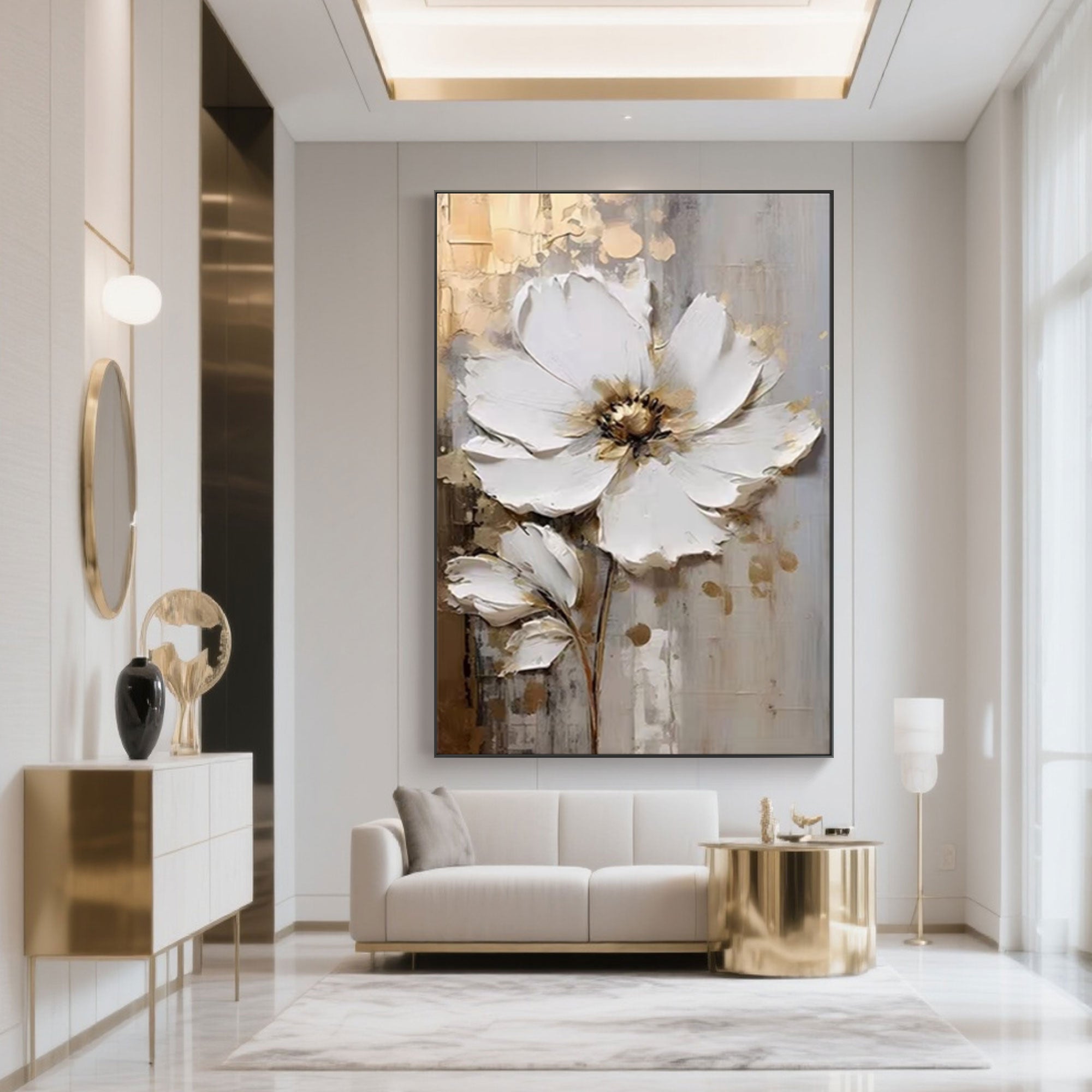 Silken Trace flower art in a modern living room setting.