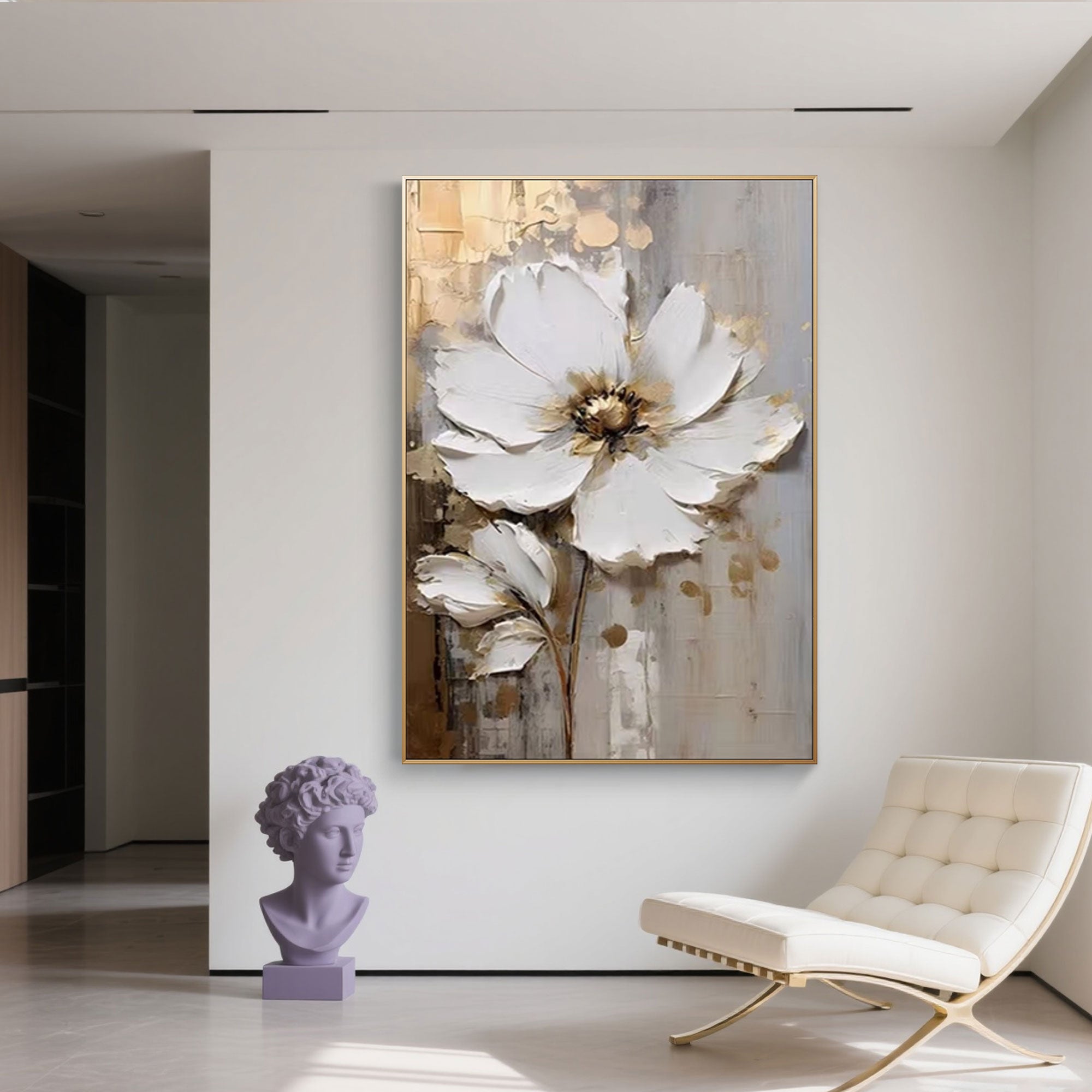 Modern living room with framed silken trace flower canvas art.