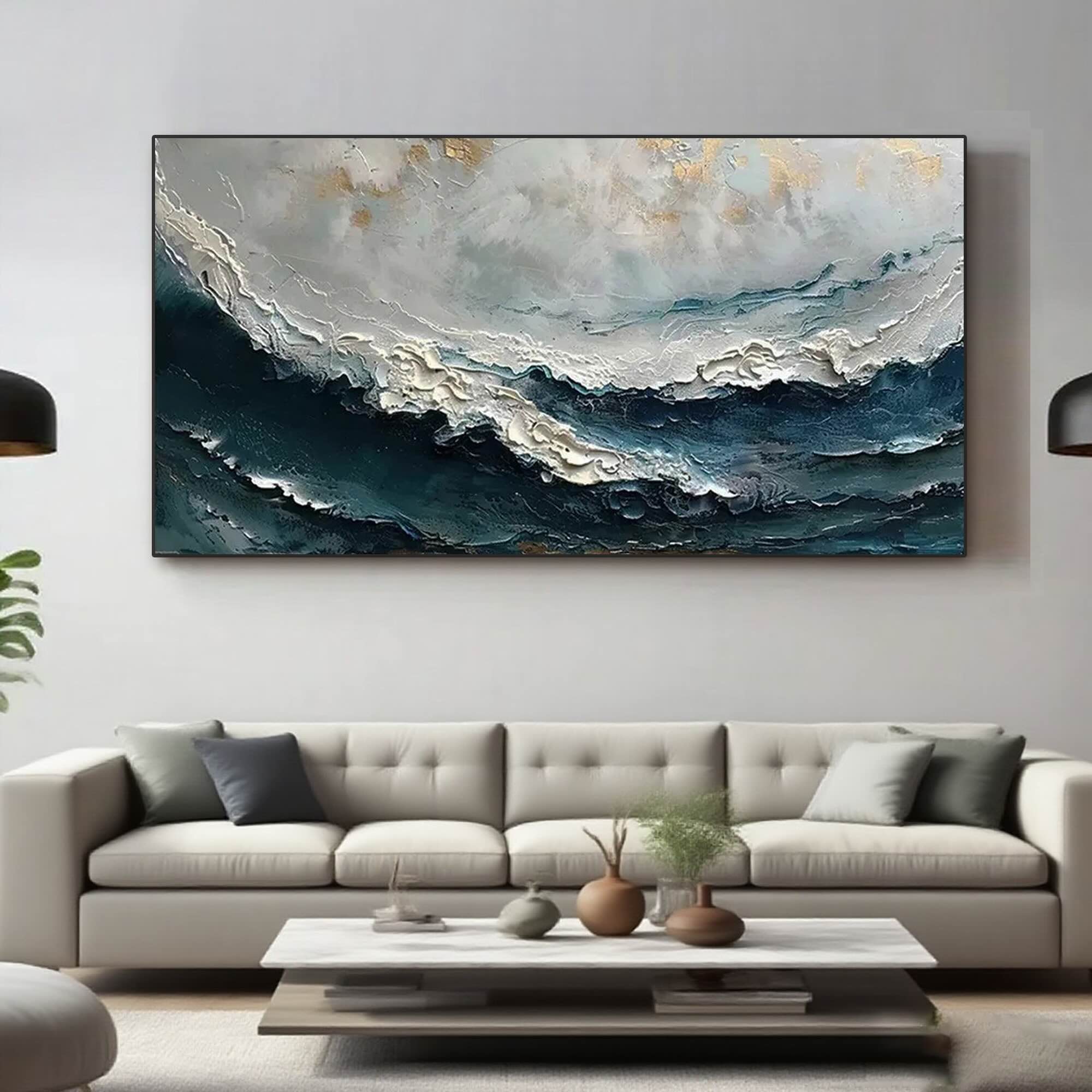 Duskwave textured ocean wave art displayed above a cream sofa in a modern living room.