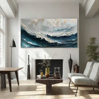 Duskwave deep blue ocean painting on canvas in a bright, modern living room.