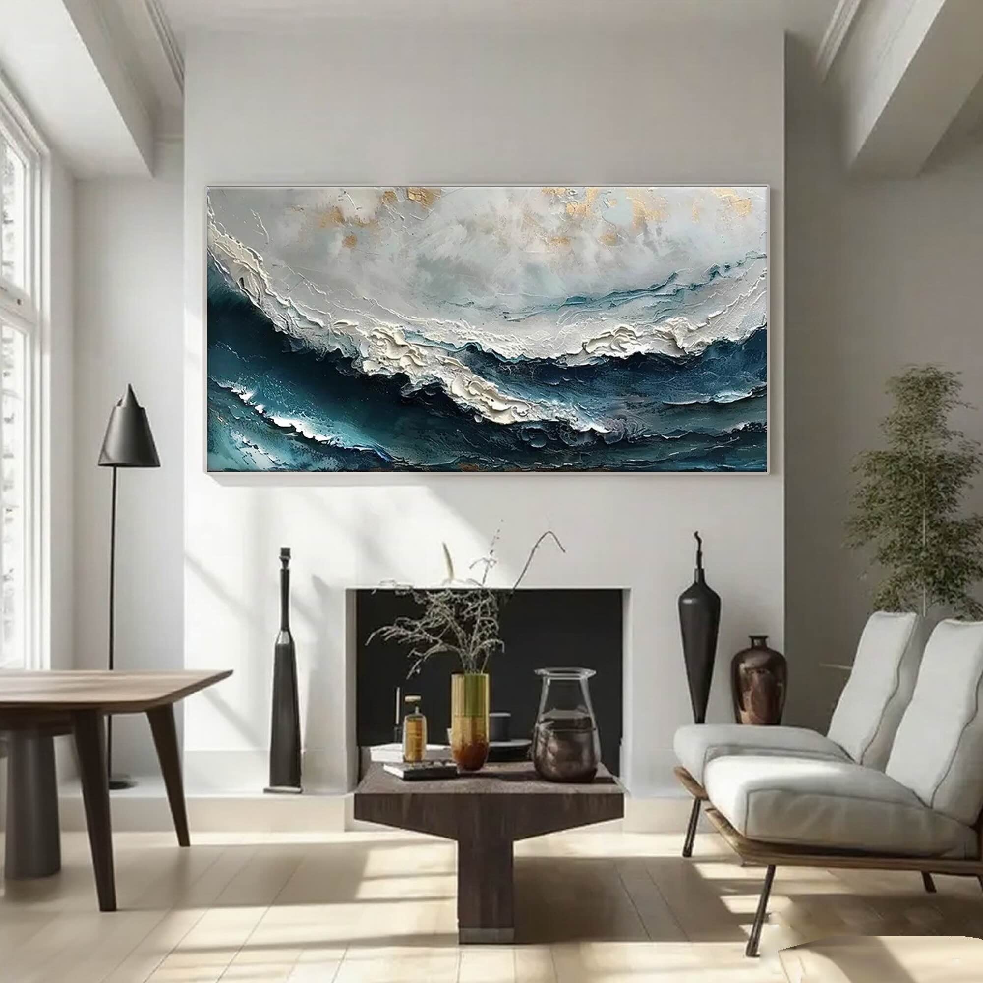 Duskwave deep blue ocean painting on canvas in a bright, modern living room.