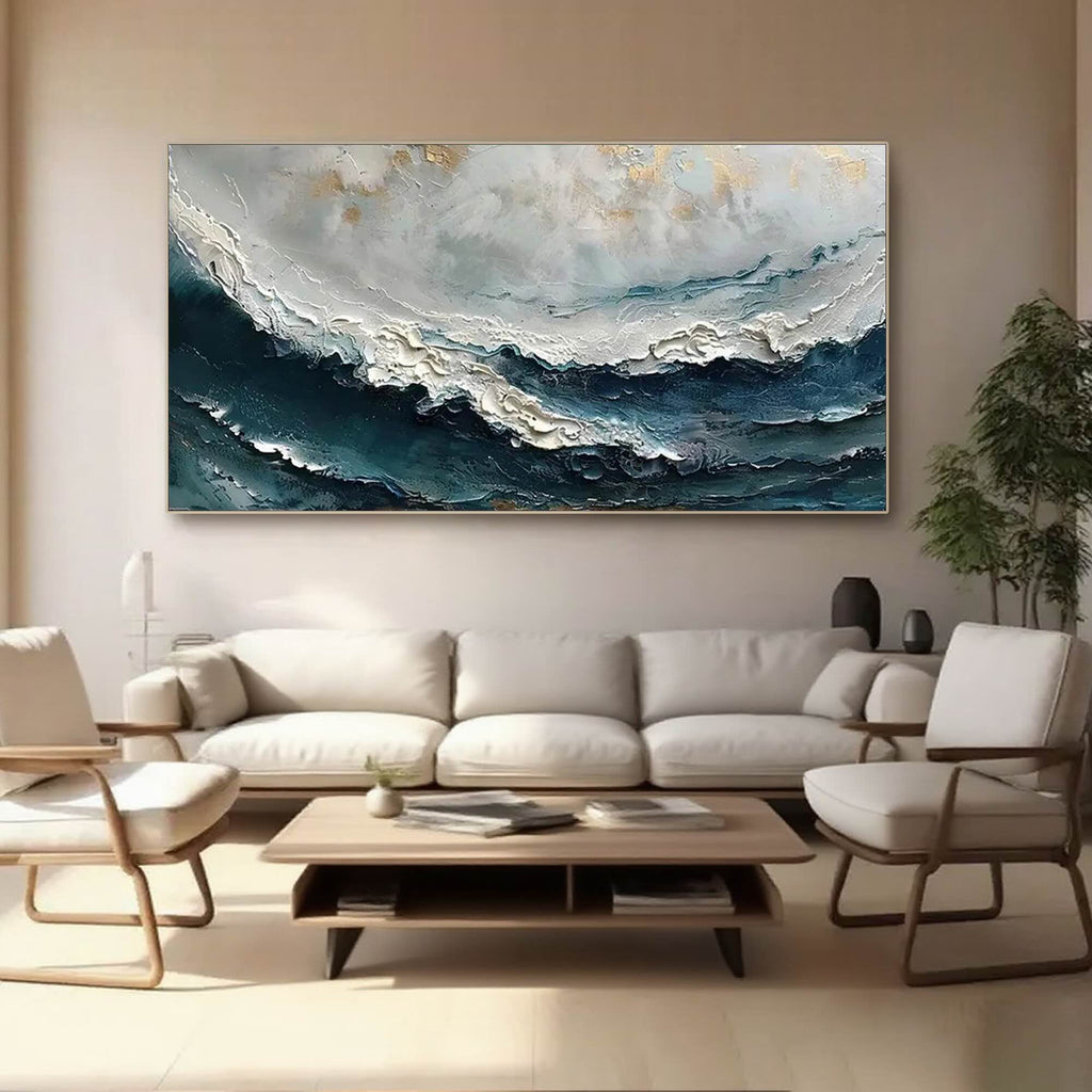 Duskwave 3D textured wave artwork above a modern sofa setting.