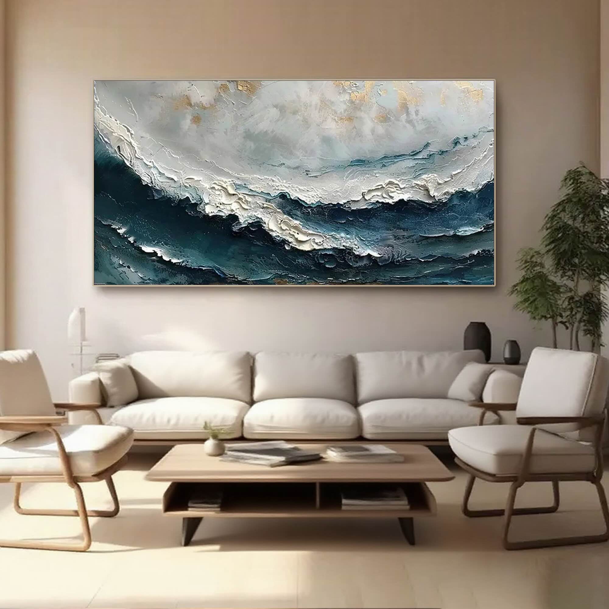 Duskwave 3D textured wave artwork above a modern sofa setting.
