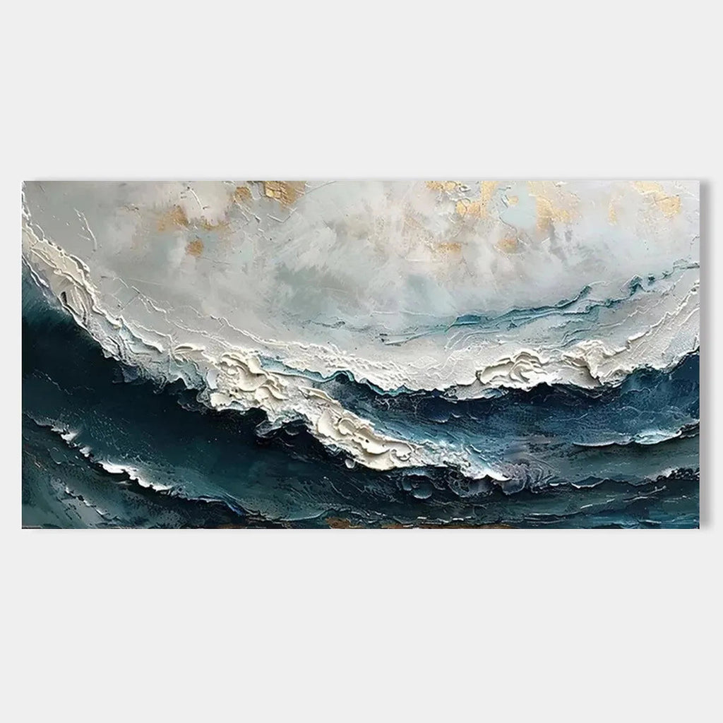 Duskwave 3D ocean wave art in deep blue, ivory, and gold tones.