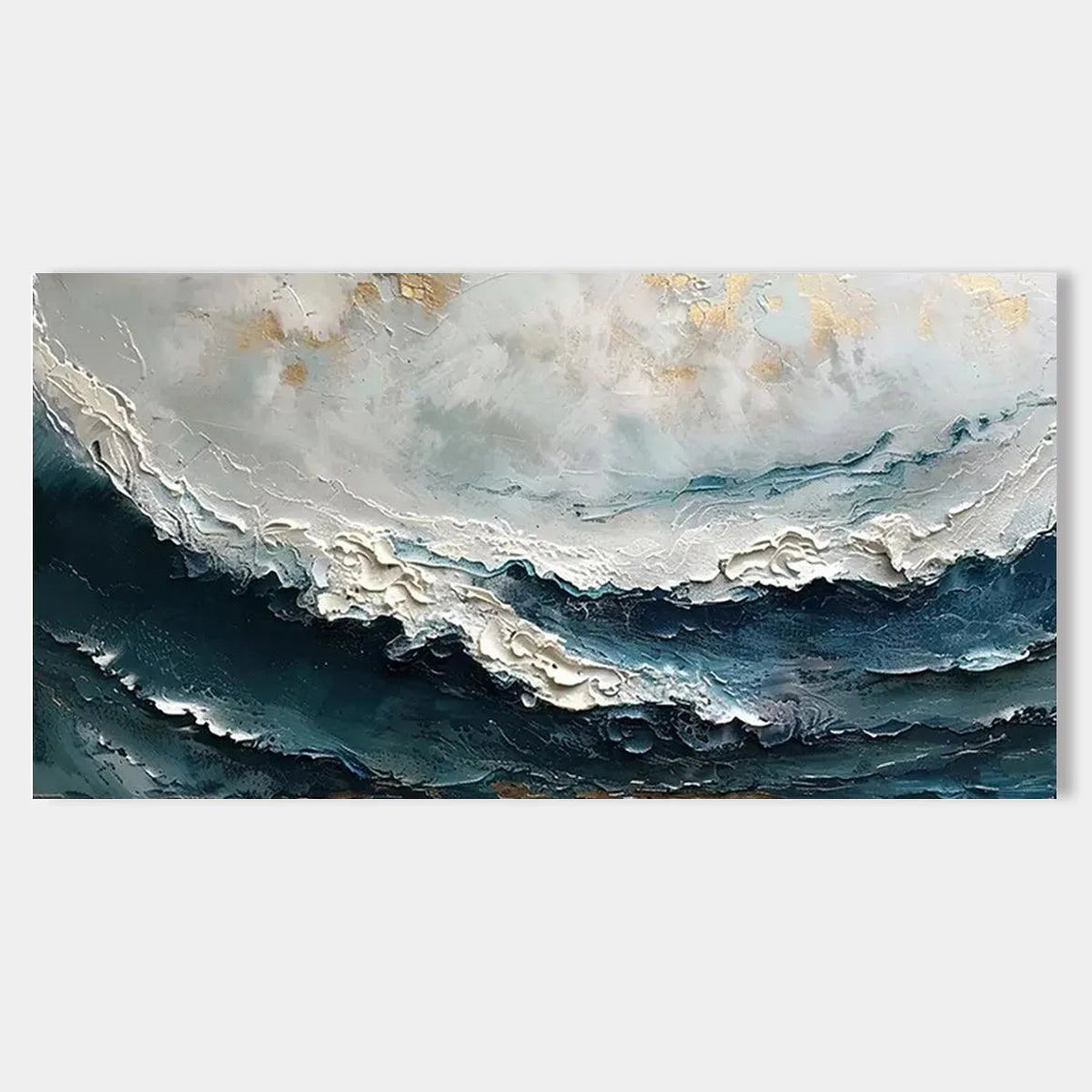 Duskwave 3D ocean wave art in deep blue, ivory, and gold tones.
