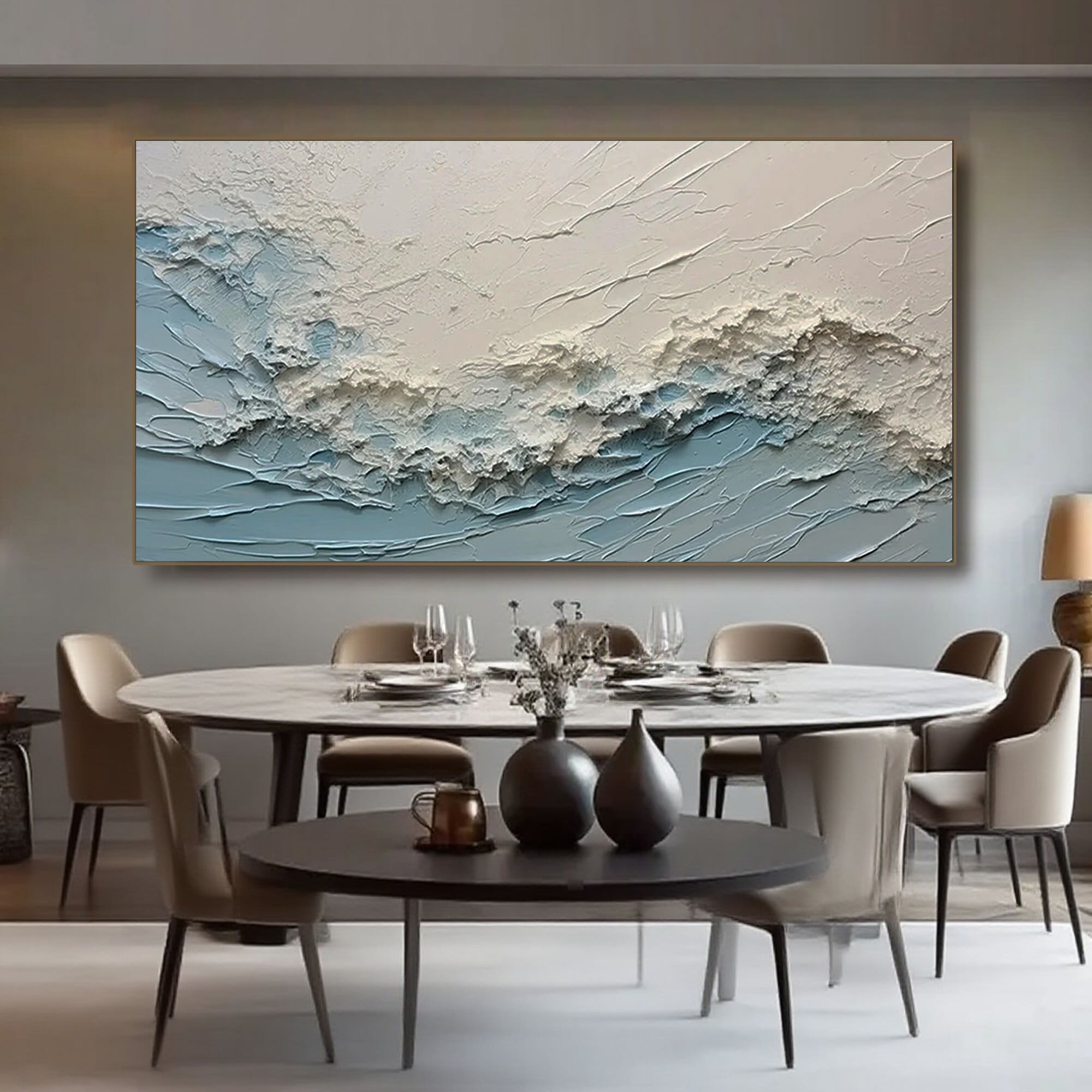 Ocean wave art above dining table, modern blue textured painting.
