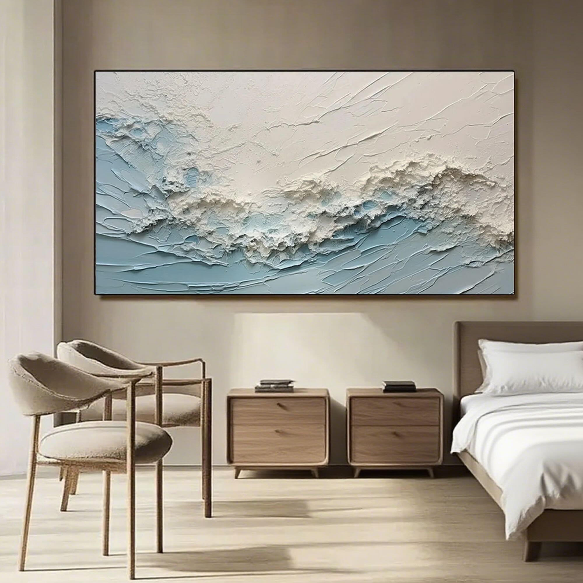Blue ocean wave art in bedroom, modern textured painting above bed.