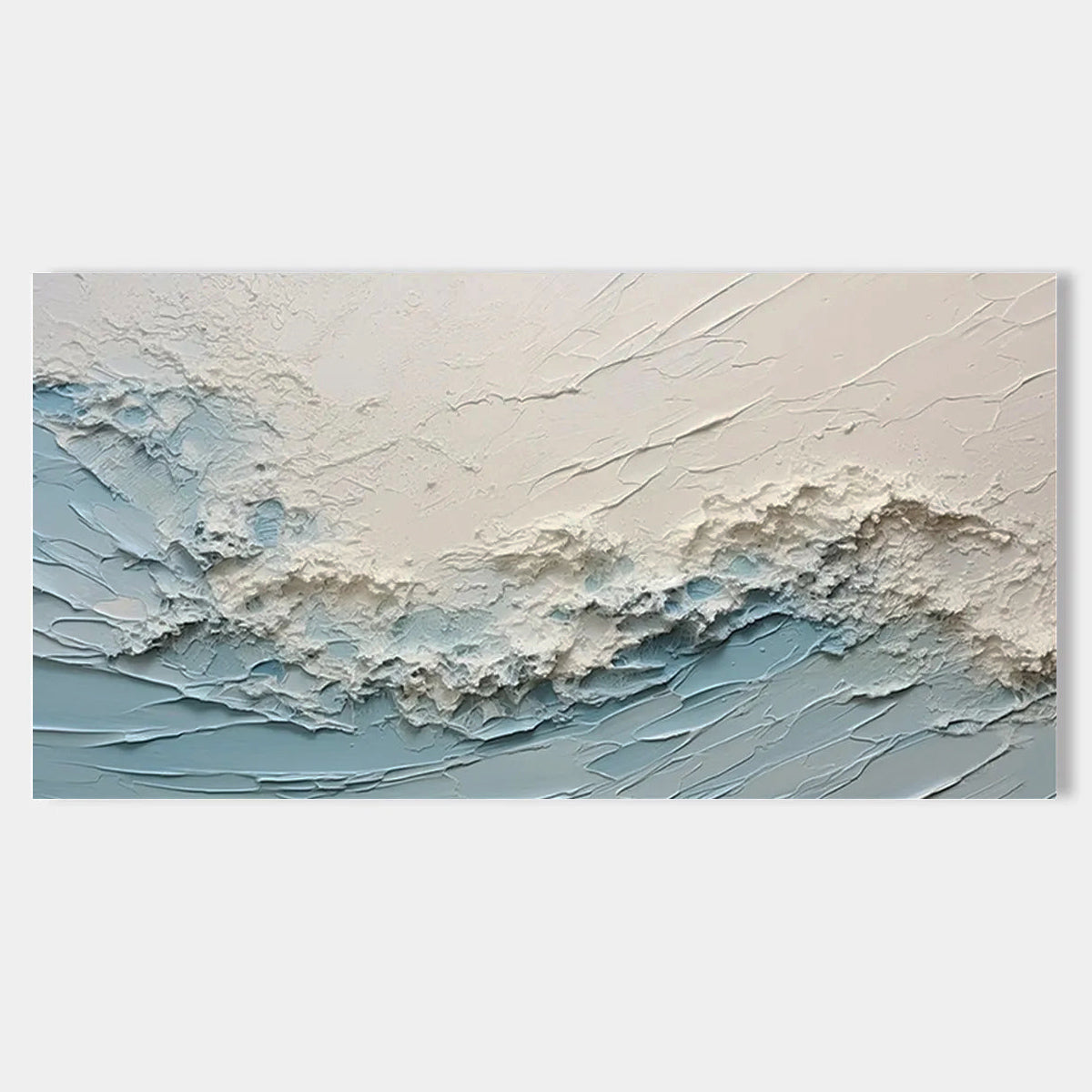 Modern 3D ocean wave painting, blue and white textured wall art.