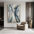 Modern abstract blue and gold hand-painted canvas wall art 'Driftlight' by Lumi Gallery, ideal for contemporary living rooms.