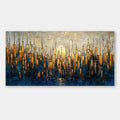 Modern abstract cityscape wall art 'Solstice' - hand-painted textured canvas with gold and blue tones, urban skyline artwork