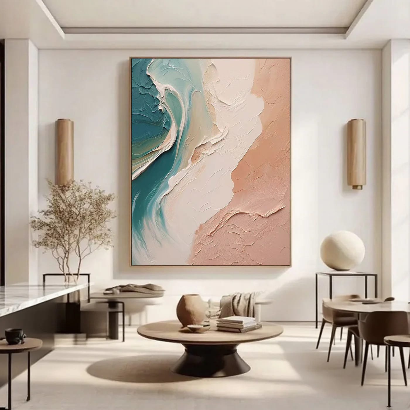 Large vertical modern abstract 3D textured coastal oil painting with beige, blue, and white warm tones, sculptural layered im