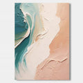 Modern abstract coastal artwork with teal waves, sandy beige shore, textured canvas at Lumi Gallery