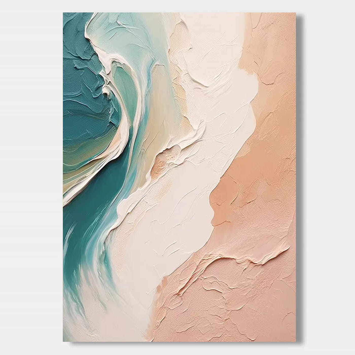 Modern abstract coastal artwork with teal waves, sandy beige shore, textured canvas at Lumi Gallery