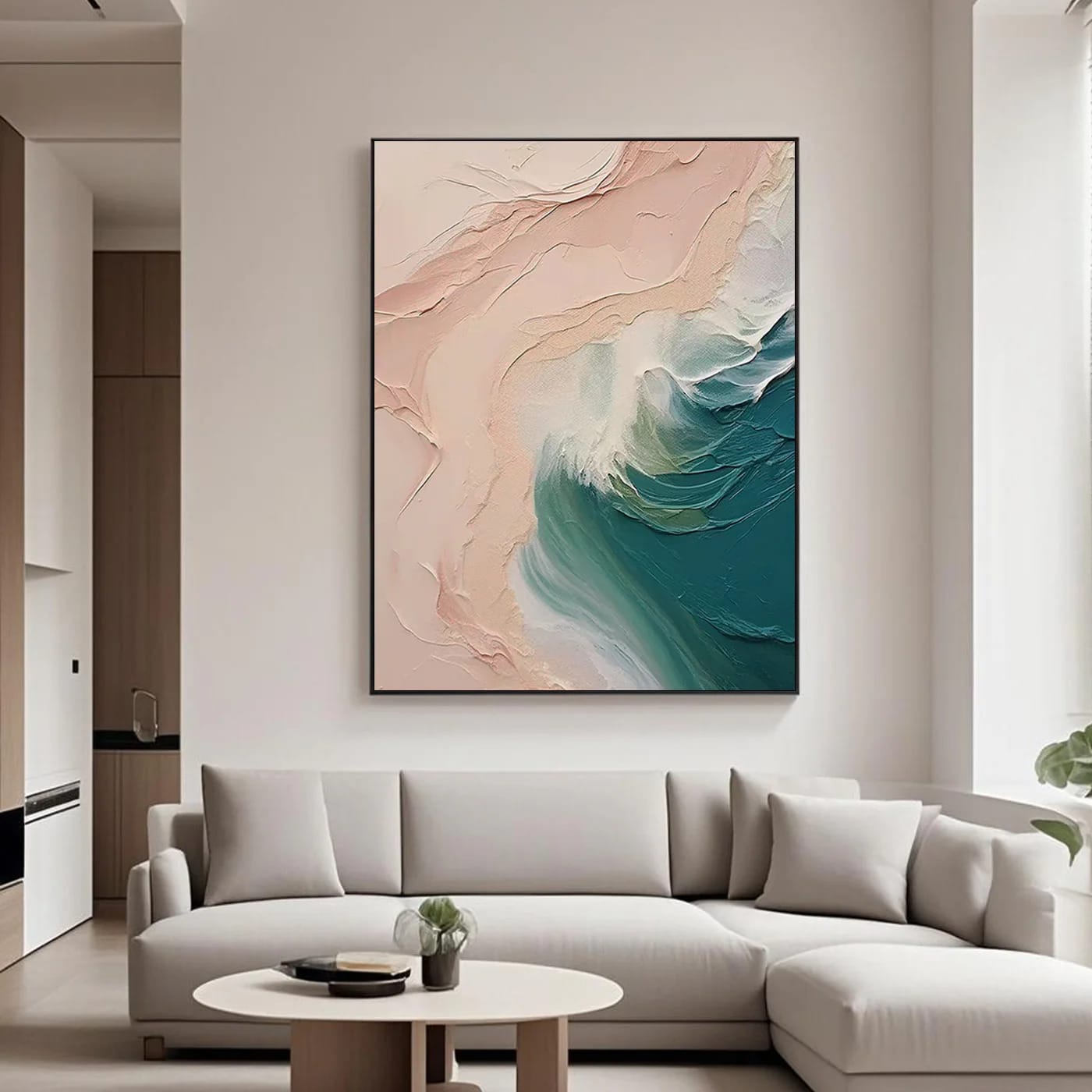 Large vertical modern abstract 3D textured coastal oil painting with teal, beige, and white warm tones, sculptural wave impas