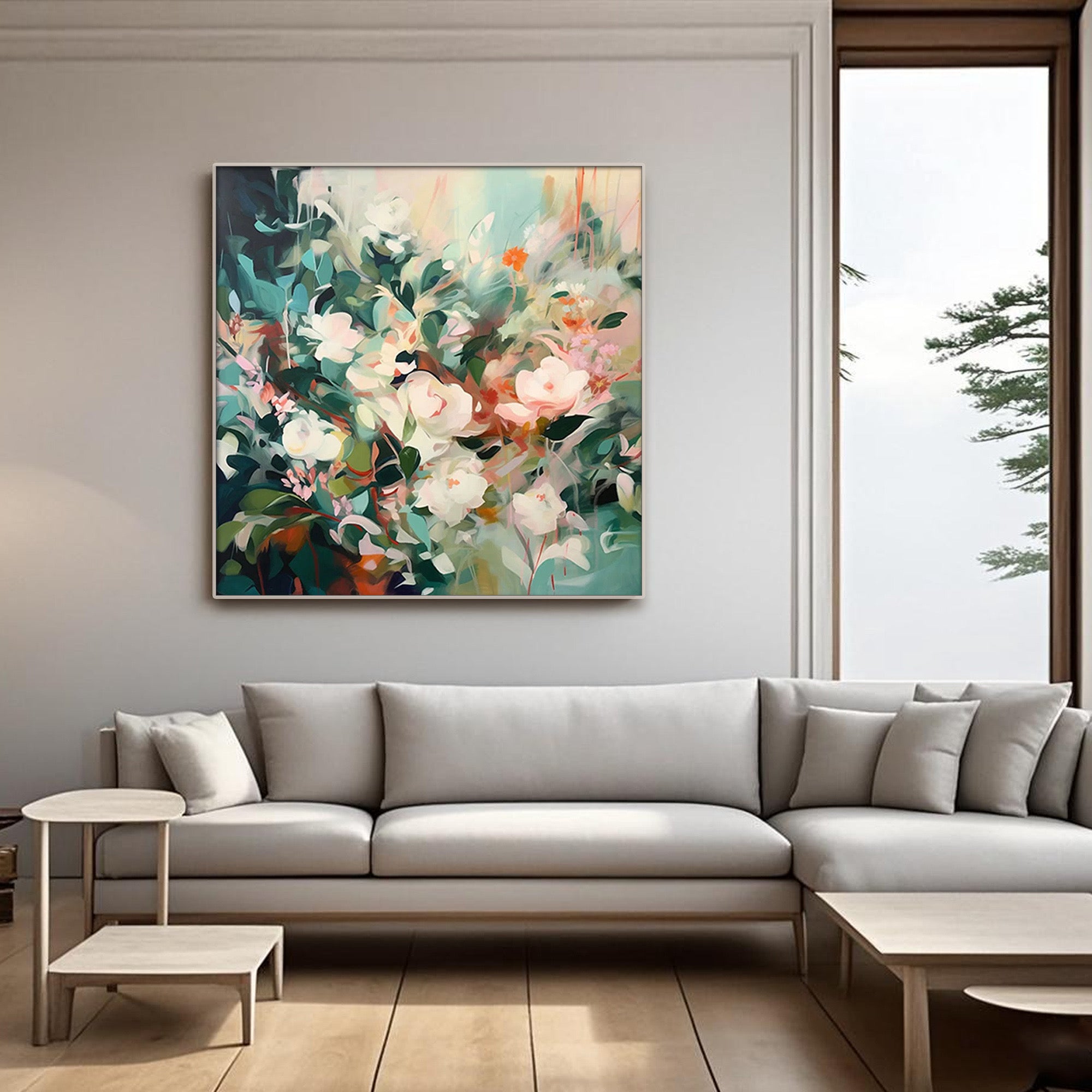 Hand-painted abstract floral canvas art ready to hang.