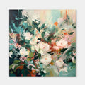 Modern abstract floral wall art with white, pink, and green brushstrokes.