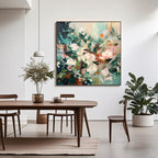 Abstract floral canvas art in a modern dining room setting.