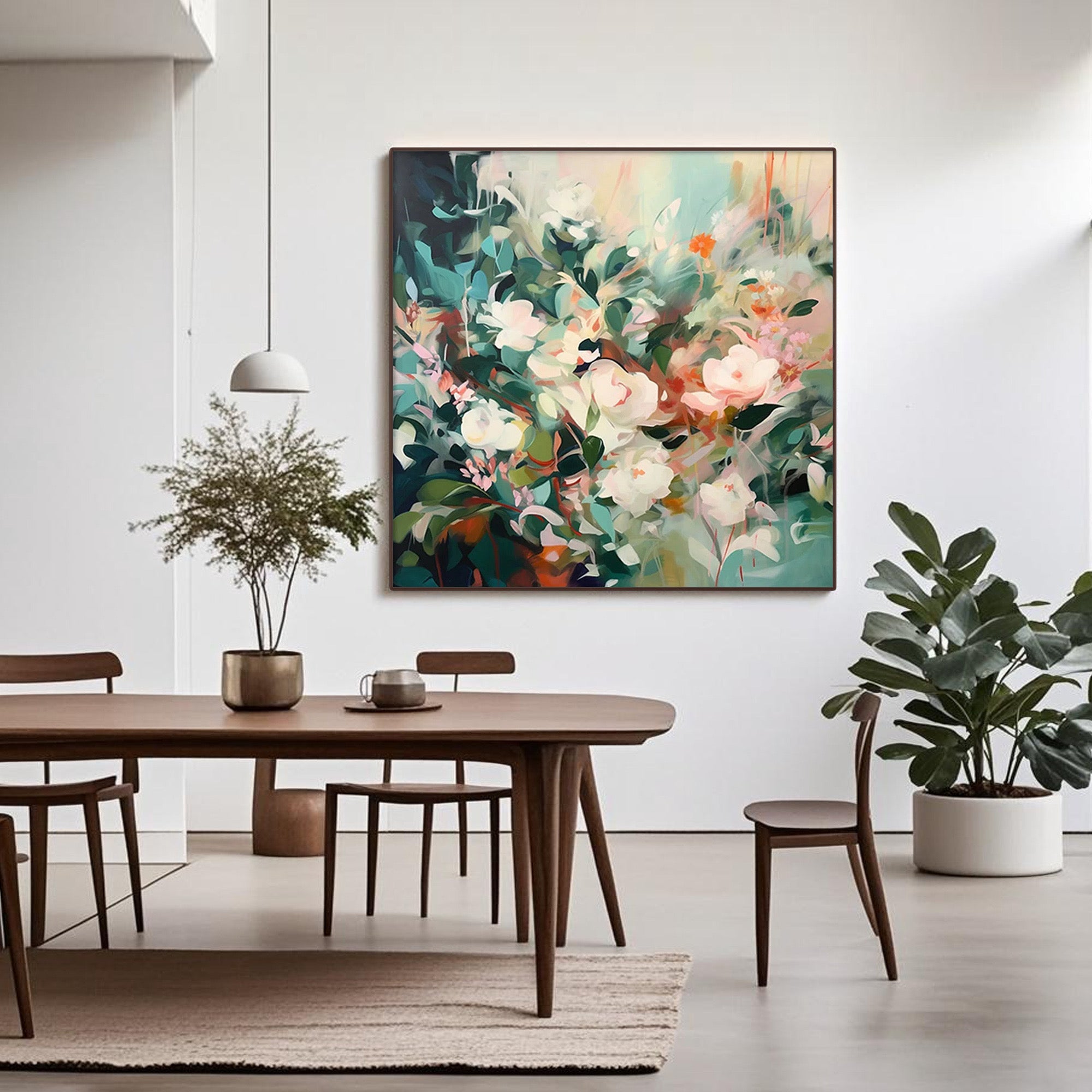 Abstract floral canvas art in a modern dining room setting.