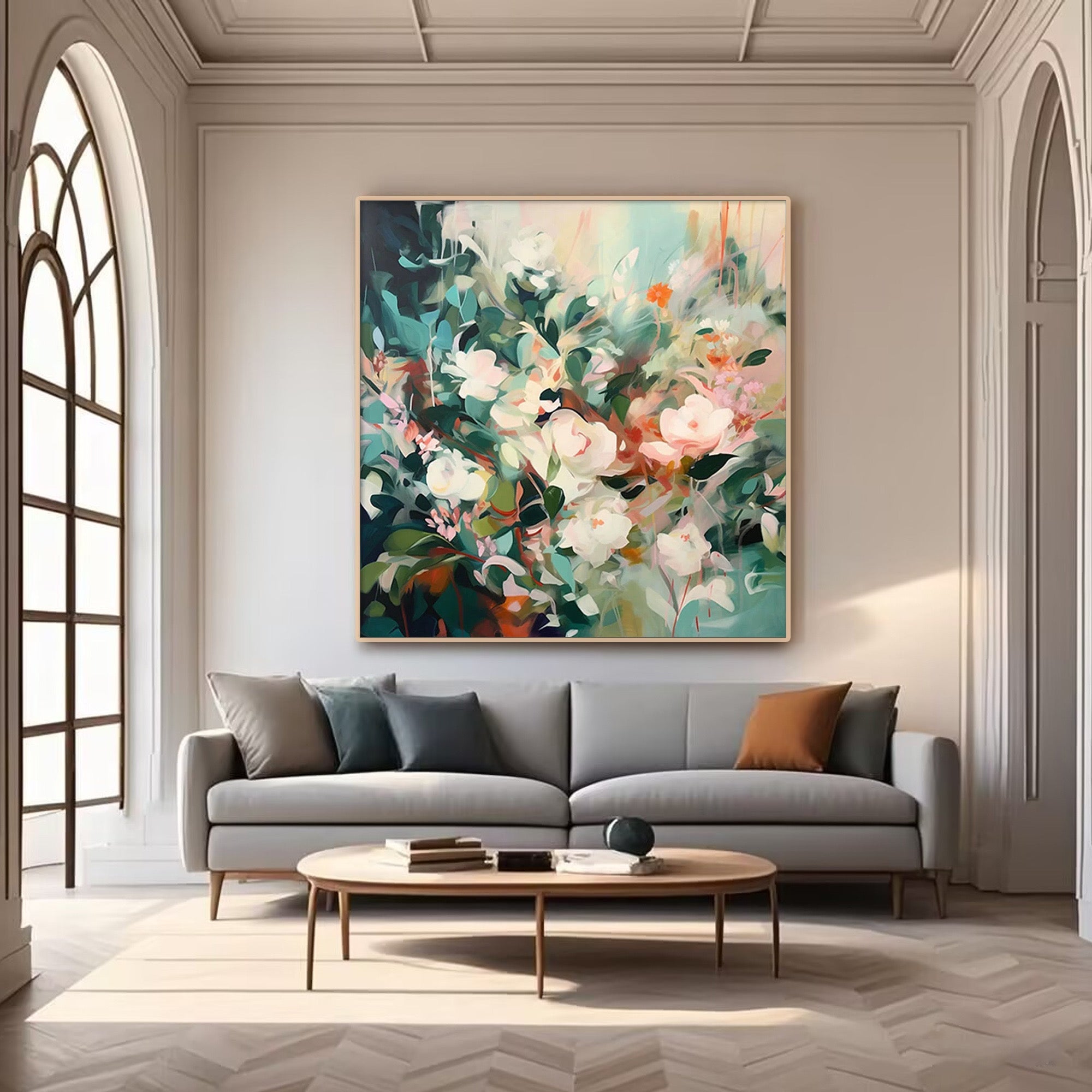 Floral Whispers abstract art above a sofa in a stylish living room.