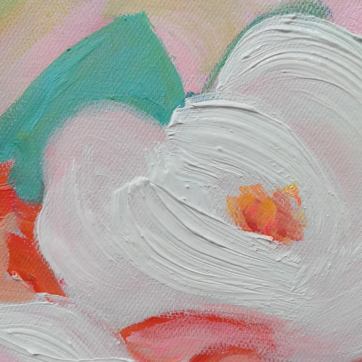 Close-up of textured brushstrokes in 'Floral Whispers' canvas art.
