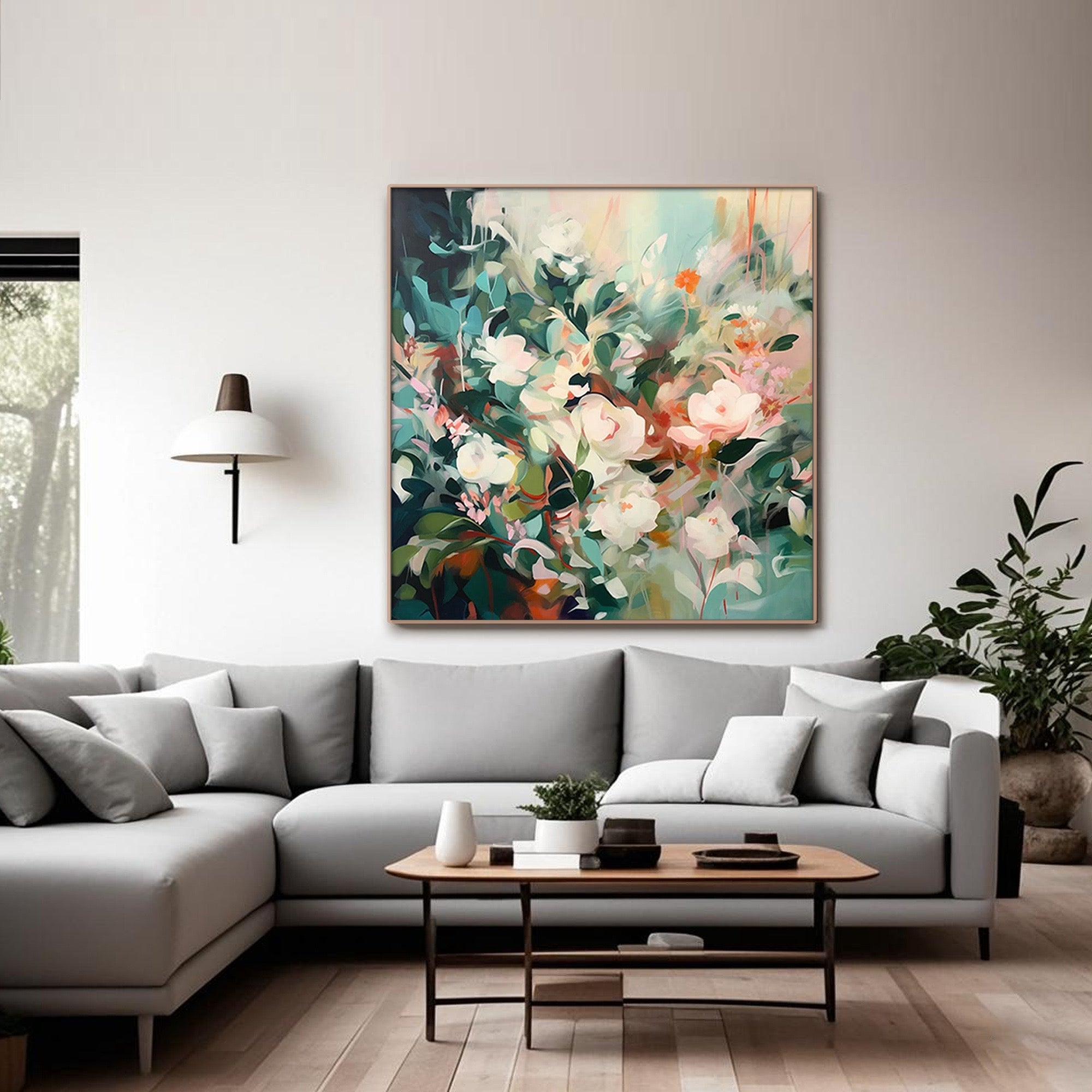 Vibrant abstract floral art with coral, green, and blush hues.
