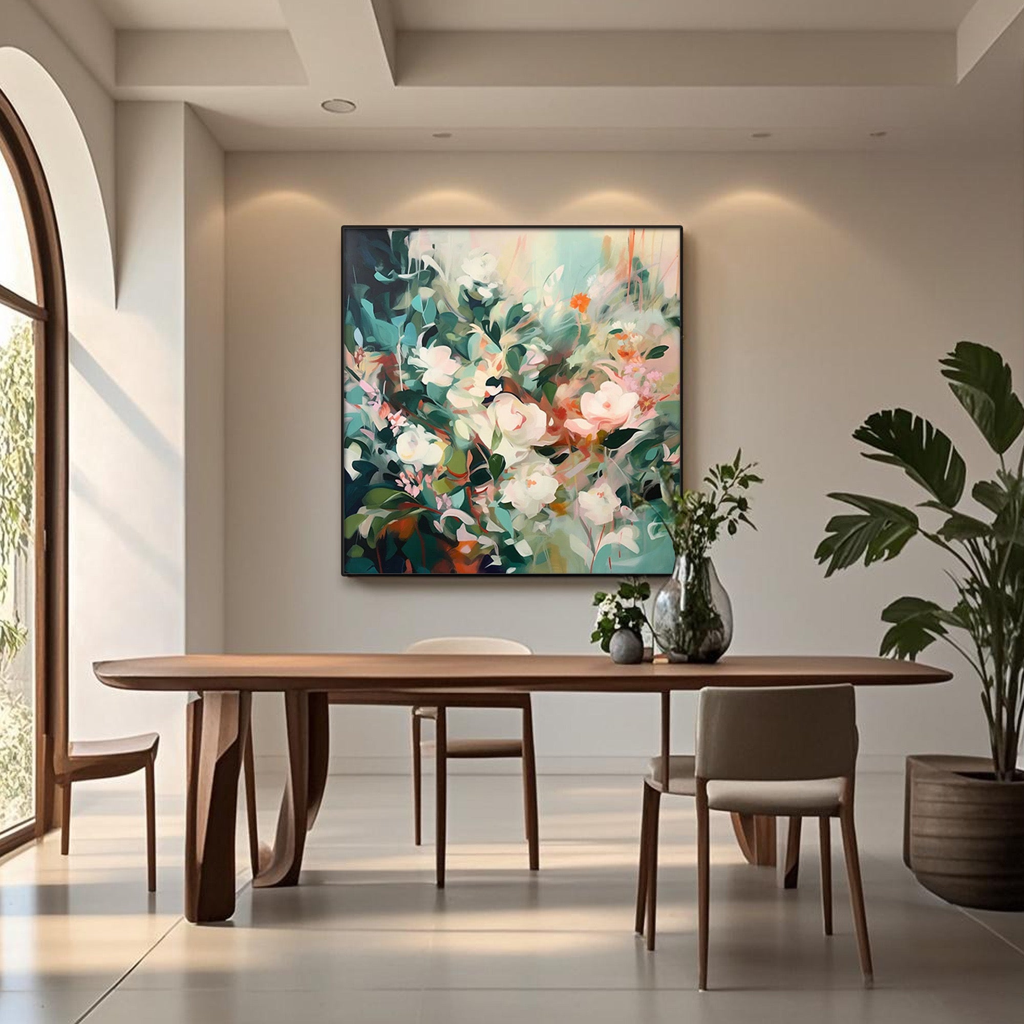 Modern floral canvas art on a gallery wall in a contemporary home.