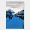 Modern abstract landscape painting 'Harbor Echoes' with textured brushstrokes in deep blues, grays, and whites, depicting a coastal harbor scene with abstract structures and water reflections.