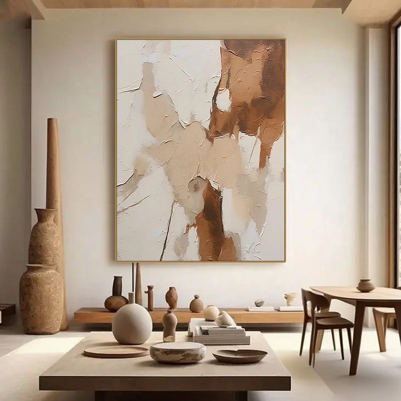 Large vertical modern abstract minimalist 3D textured canvas painting with brown, beige, and white earth tones, creamy layere