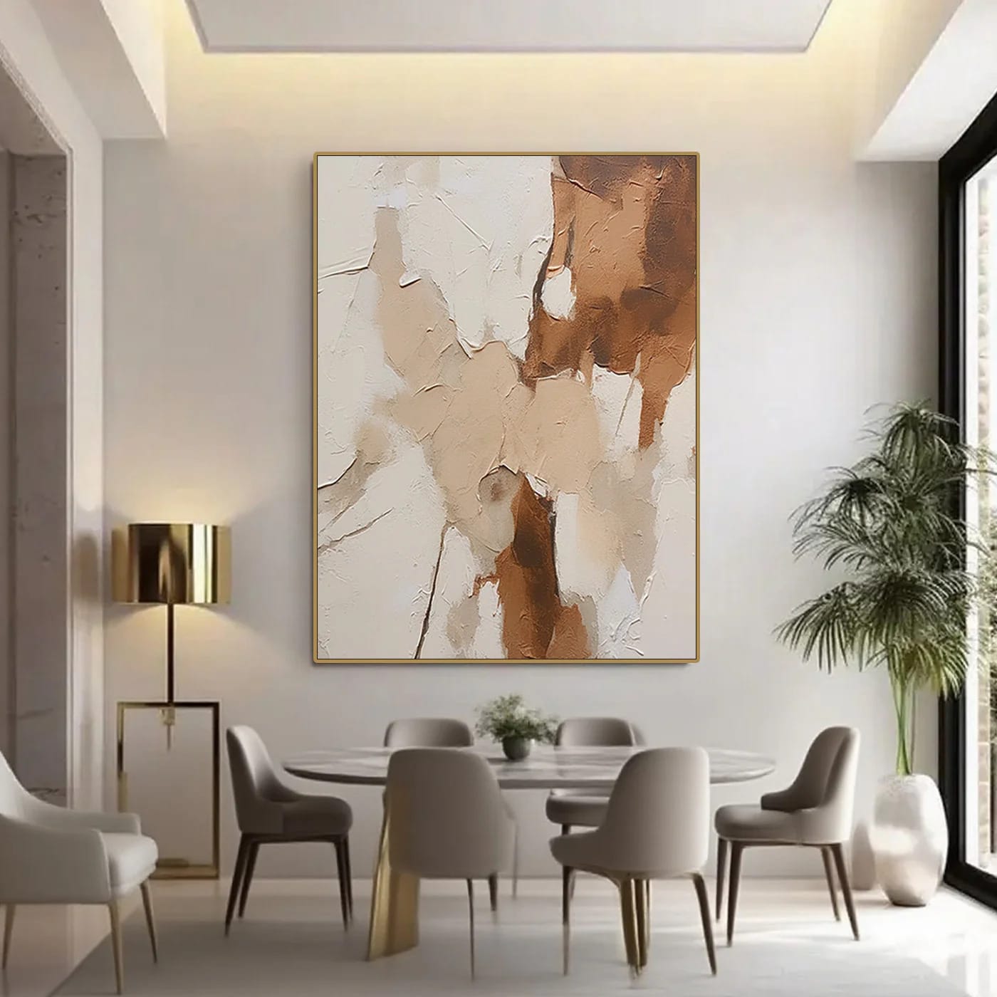 Modern abstract minimalist canvas art 'Layered Silence I' with textured brown/beige tones, framed, in contemporary dining room