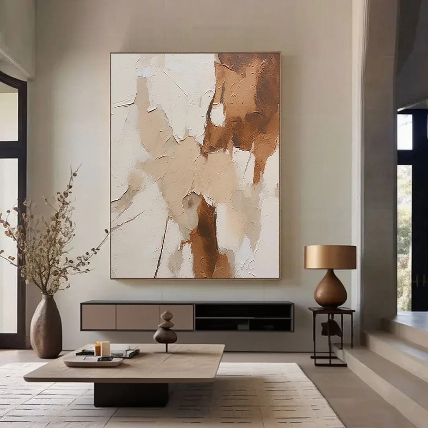 Modern abstract canvas art 'Layered Silence I' with textured earthy tones in contemporary living room