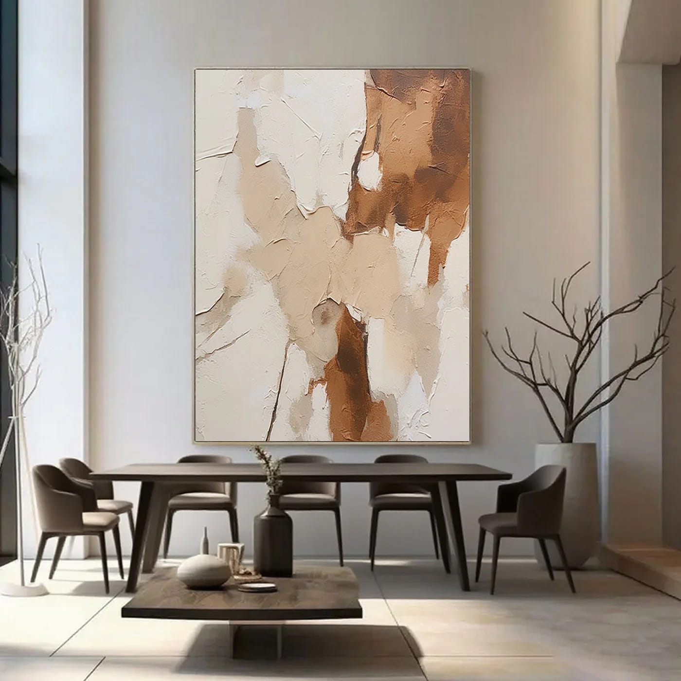Modern Abstract Minimalist Canvas Art 'Layered Silence I' with earth-toned textured layers, in contemporary dining room