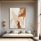 Modern abstract canvas art 'Layered Silence I' by Lumi Gallery, earthy browns/beiges, textured paint, minimalist living room