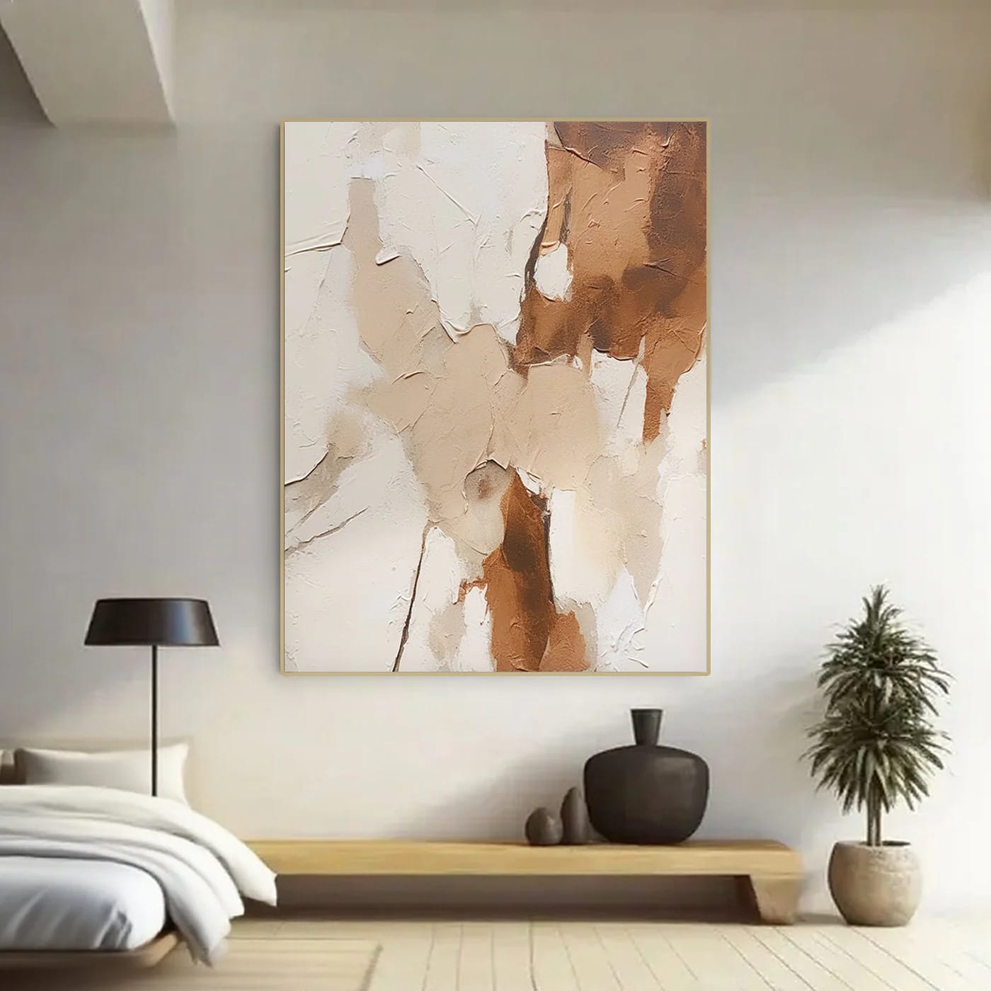 Lumi Gallery's Modern Abstract Canvas Art 'Layered Silence I' with earth tones, textured finish, hanging in contemporary bedroom