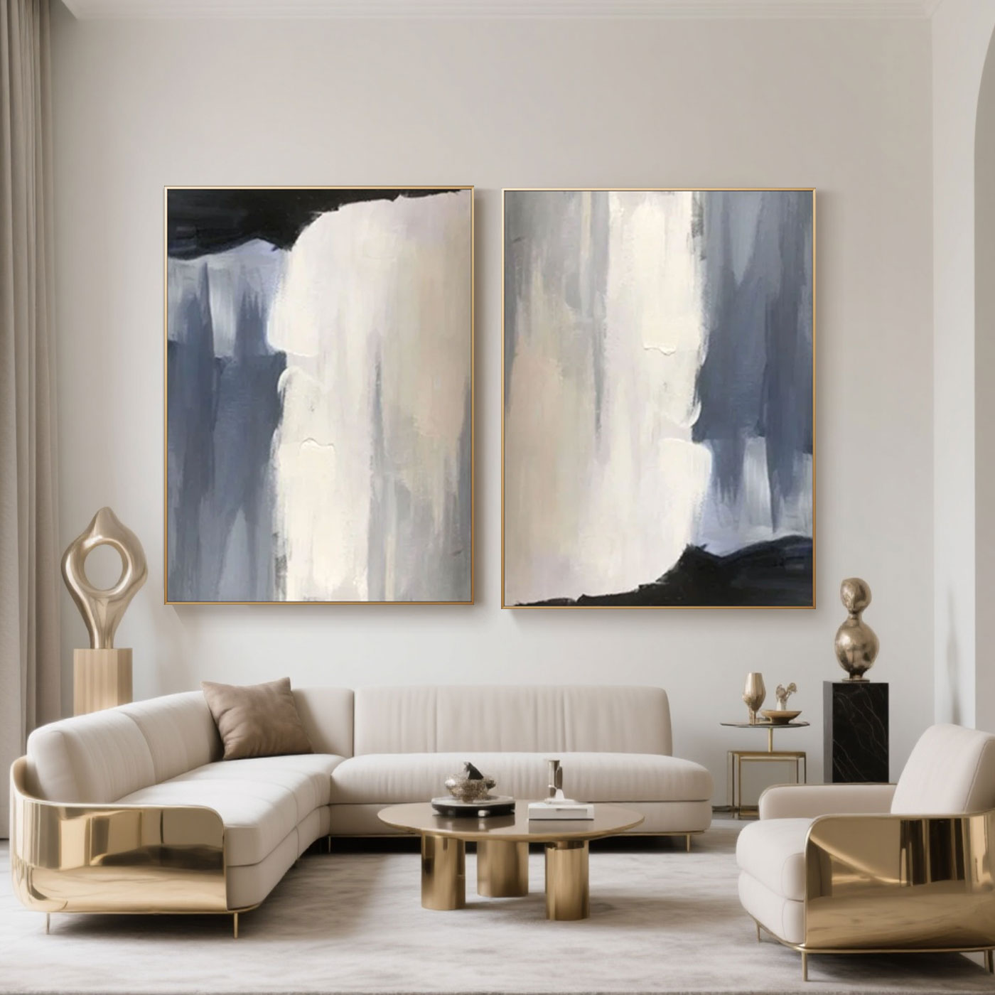 Large vertical modern abstract minimalist canvas painting set of 2 with blue, white, black, and beige cool tones, vertical brushwork, framed in metal, perfect for contemporary bedroom or living room gallery wall decor