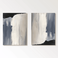 Modern abstract minimalist diptych 'Monochrome Falls' with monochrome palette of black, white, gray, and beige, featuring cascading textured brushstrokes on canvas.