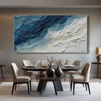 Close-up of brushstrokes and texture on the blue abstract canvas.